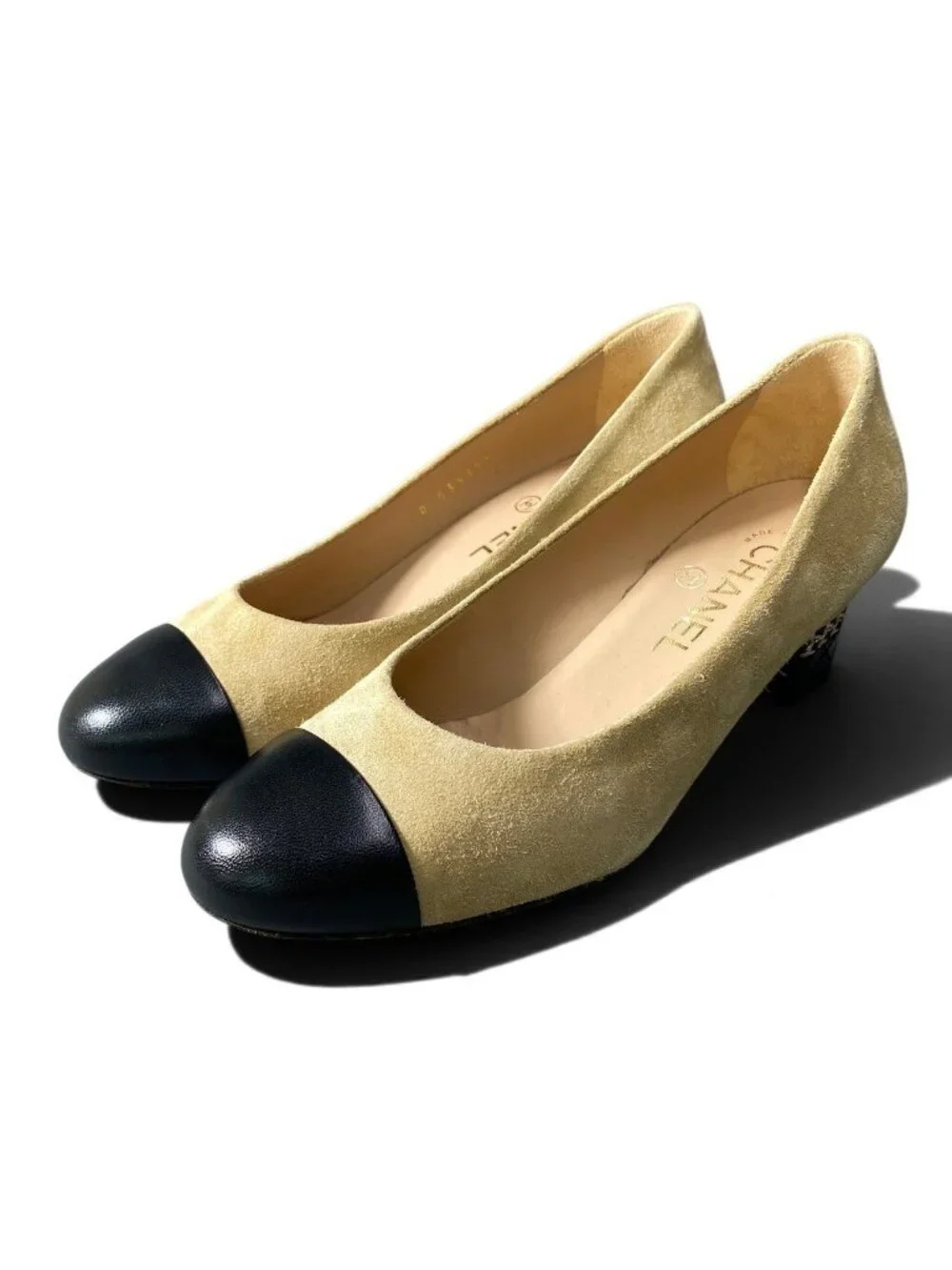 Chanel Quilted Chain Trim Pumps Beige Black Suede Heel